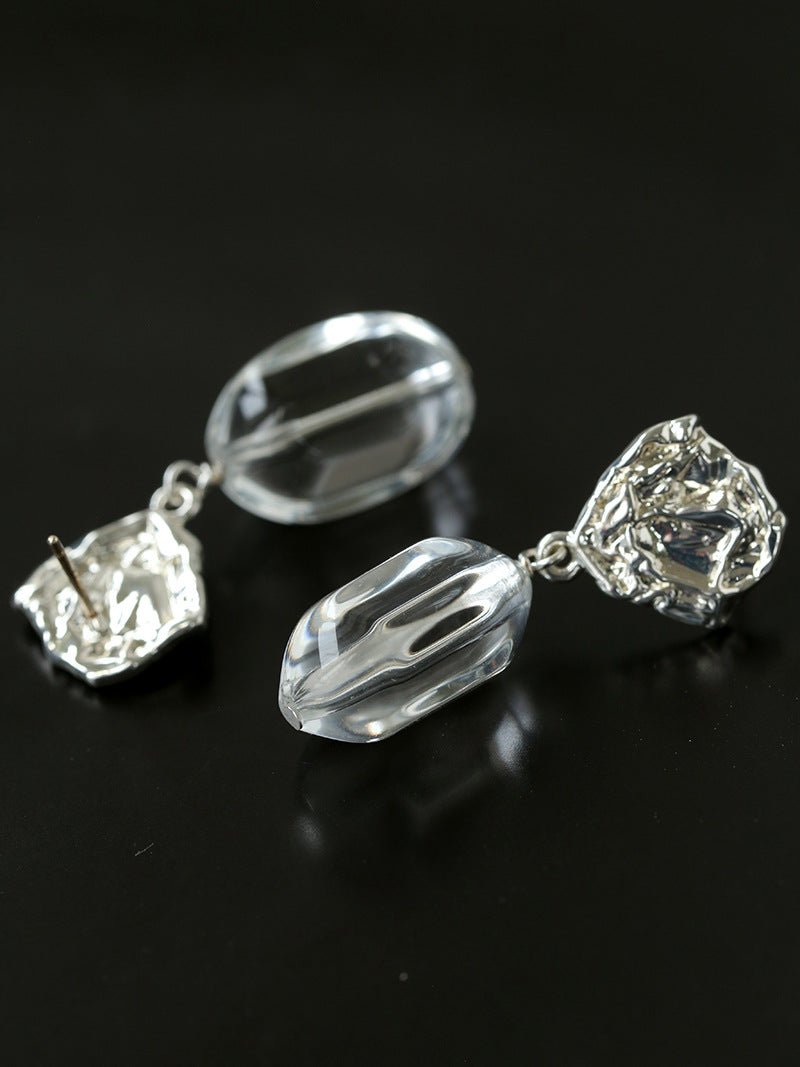 Textured Lava Crinkle Metal Clear Oval Glass & Pearl Dangle Earrings - floysun