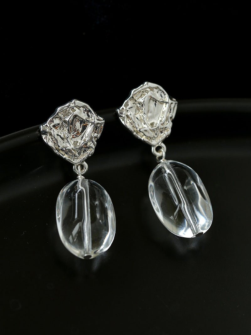 Textured Lava Crinkle Metal Clear Oval Glass & Pearl Dangle Earrings - floysun