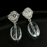Textured Lava Crinkle Metal Clear Oval Glass & Pearl Dangle Earrings - floysun