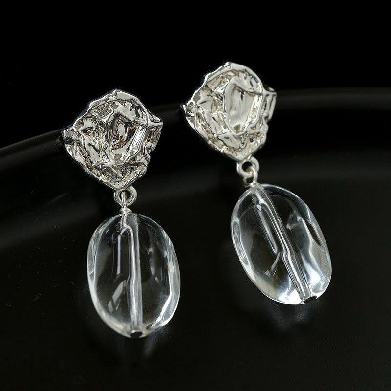 Textured Lava Crinkle Metal Clear Oval Glass & Pearl Dangle Earrings - floysun