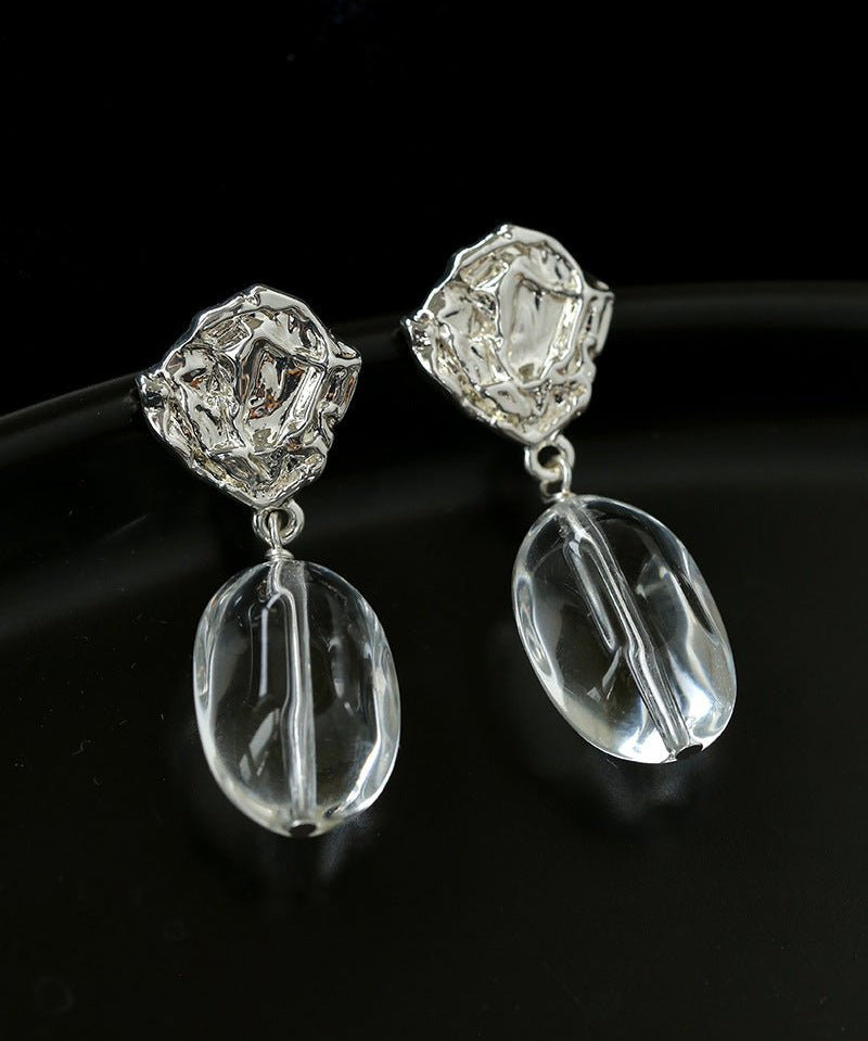 Textured Lava Crinkle Metal Clear Oval Glass & Pearl Dangle Earrings - floysun