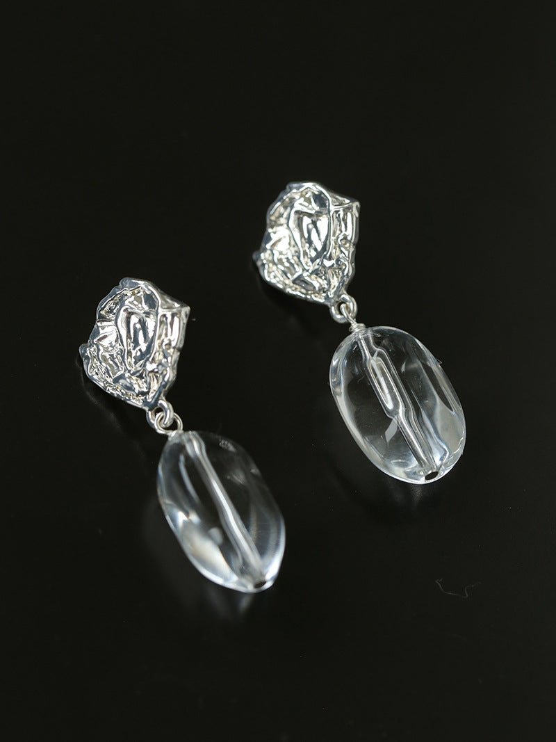 Textured Lava Crinkle Metal Clear Oval Glass & Pearl Dangle Earrings - floysun