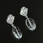 Textured Lava Crinkle Metal Clear Oval Glass & Pearl Dangle Earrings - floysun