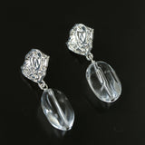 Textured Lava Crinkle Metal Clear Oval Glass & Pearl Dangle Earrings - floysun