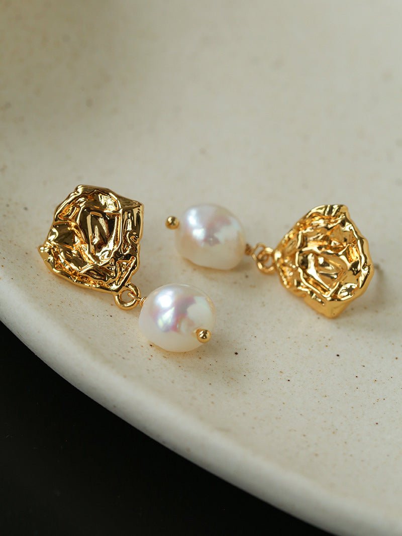 Textured Lava Crinkle Metal Clear Oval Glass & Pearl Dangle Earrings - floysun