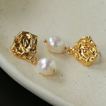 Textured Lava Crinkle Metal Clear Oval Glass & Pearl Dangle Earrings - floysun