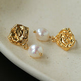 Textured Lava Crinkle Metal Clear Oval Glass & Pearl Dangle Earrings - floysun