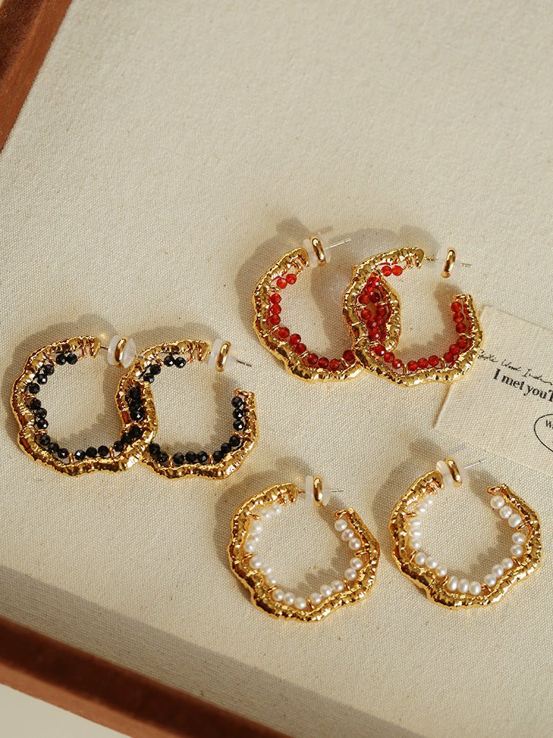 Textured Molten Metal C - Shaped Hoop Earrings with Freshwater Pearl Gemstones - floysun