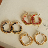 Textured Molten Metal C - Shaped Hoop Earrings with Freshwater Pearl Gemstones - floysun