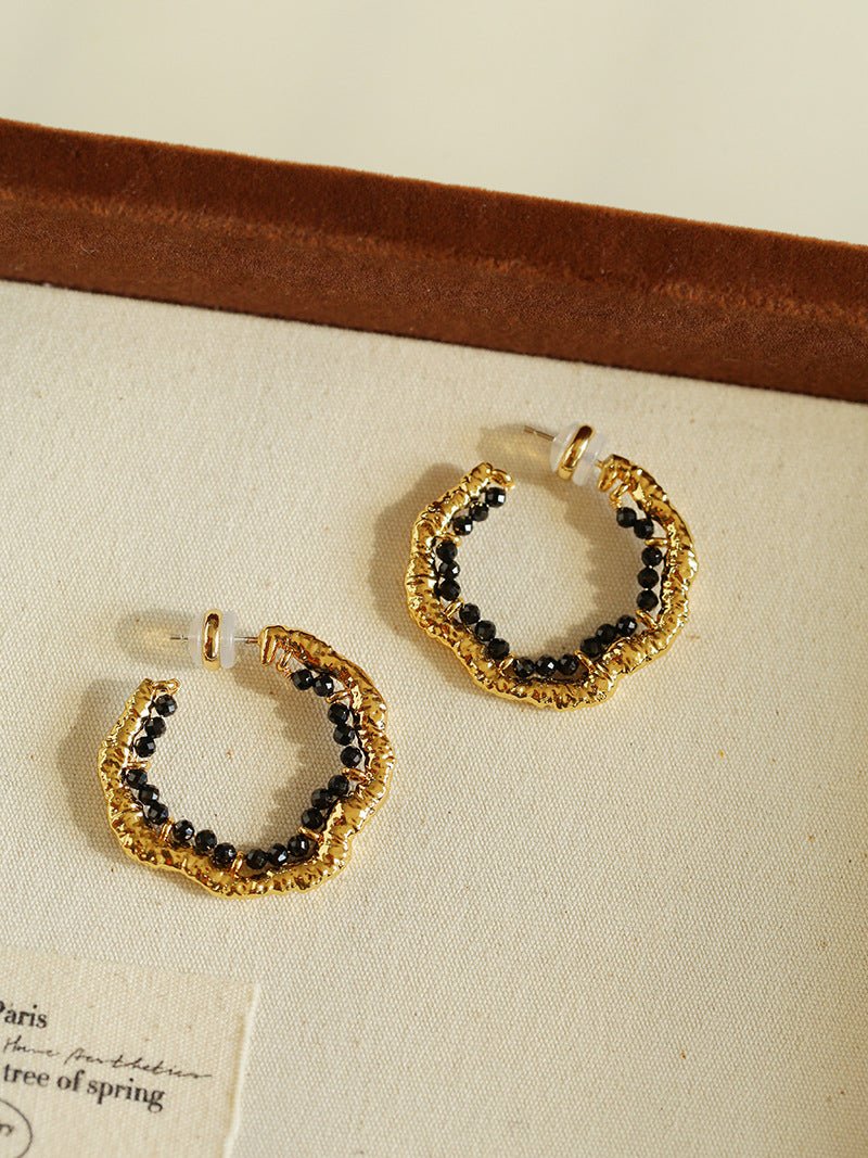 Textured Molten Metal C - Shaped Hoop Earrings with Freshwater Pearl Gemstones - floysun