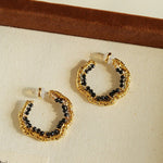 Textured Molten Metal C - Shaped Hoop Earrings with Freshwater Pearl Gemstones - floysun