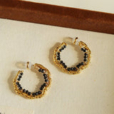 Textured Molten Metal C - Shaped Hoop Earrings with Freshwater Pearl Gemstones - floysun