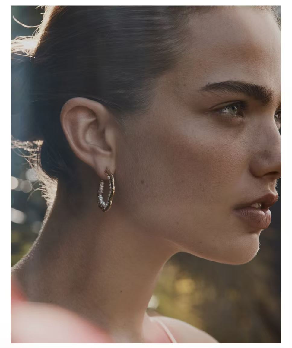 Textured Molten Metal C - Shaped Hoop Earrings with Freshwater Pearl Gemstones - floysun