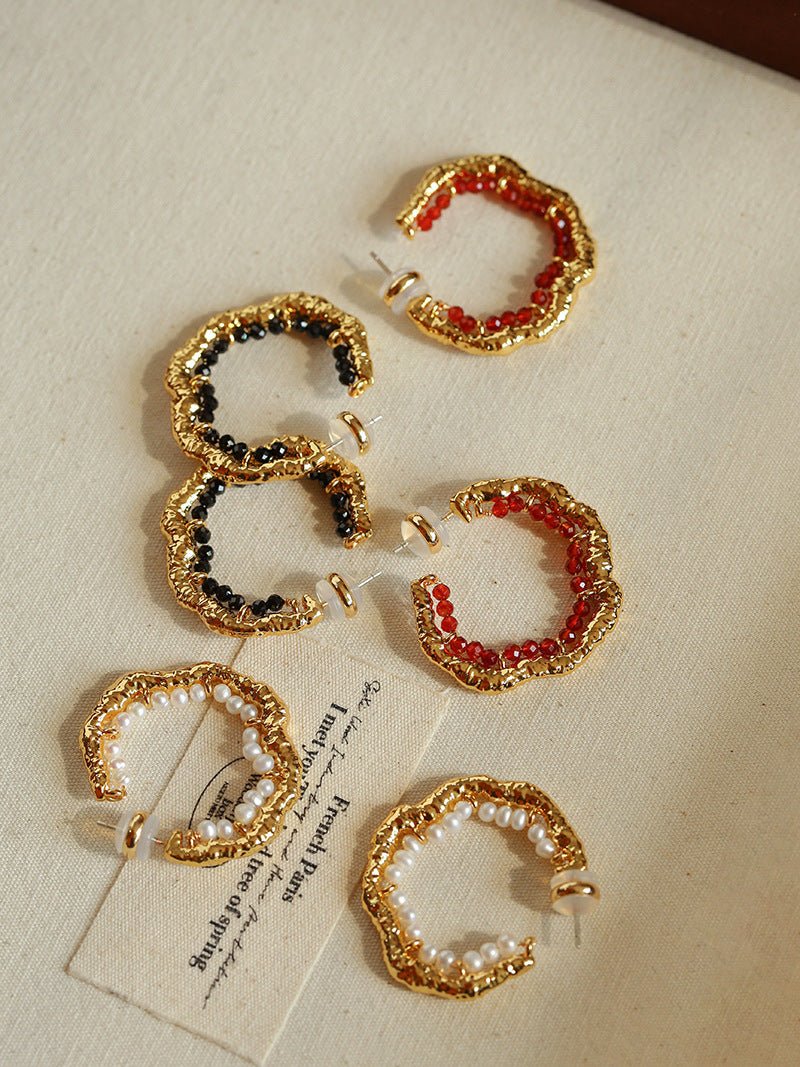 Textured Molten Metal C - Shaped Hoop Earrings with Freshwater Pearl Gemstones - floysun