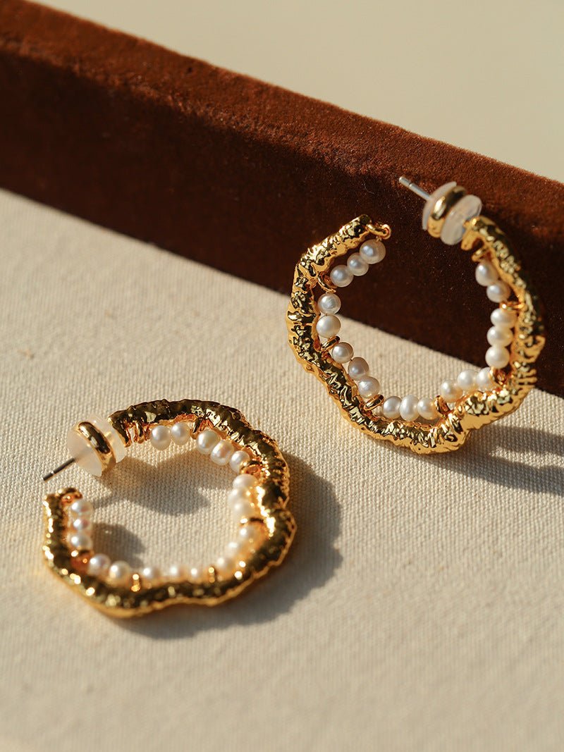 Textured Molten Metal C - Shaped Hoop Earrings with Freshwater Pearl Gemstones - floysun