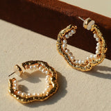 Textured Molten Metal C - Shaped Hoop Earrings with Freshwater Pearl Gemstones - floysun