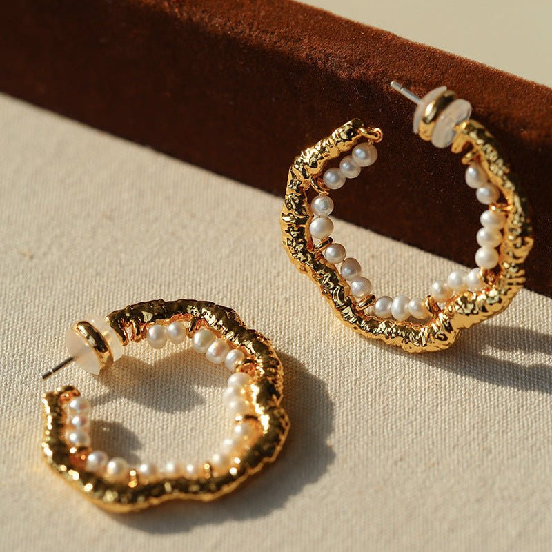 Textured Molten Metal C - Shaped Hoop Earrings with Freshwater Pearl Gemstones - floysun