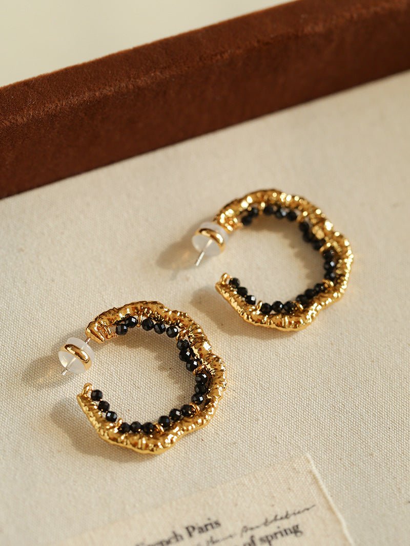 Textured Molten Metal C - Shaped Hoop Earrings with Freshwater Pearl Gemstones - floysun