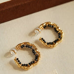 Textured Molten Metal C - Shaped Hoop Earrings with Freshwater Pearl Gemstones - floysun