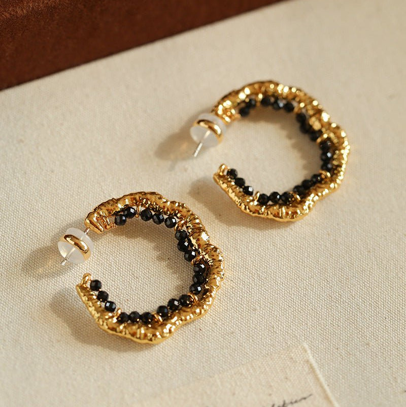 Textured Molten Metal C - Shaped Hoop Earrings with Freshwater Pearl Gemstones - floysun