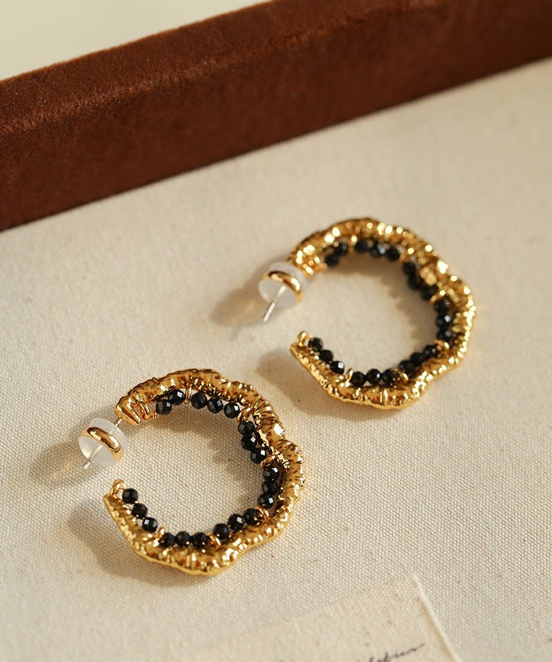 Textured Molten Metal C - Shaped Hoop Earrings with Freshwater Pearl Gemstones - floysun