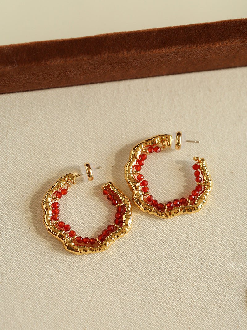 Textured Molten Metal C - Shaped Hoop Earrings with Freshwater Pearl Gemstones - floysun