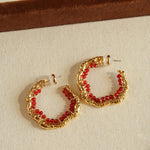 Textured Molten Metal C - Shaped Hoop Earrings with Freshwater Pearl Gemstones - floysun