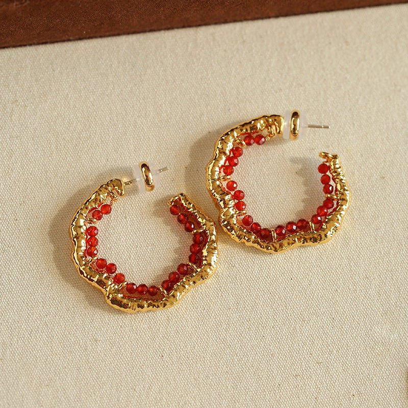 Textured Molten Metal C - Shaped Hoop Earrings with Freshwater Pearl Gemstones - floysun