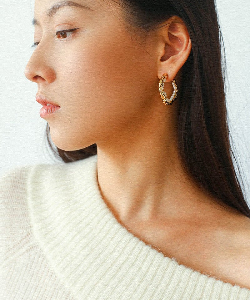 Textured Molten Metal C - Shaped Hoop Earrings with Freshwater Pearl Gemstones - floysun