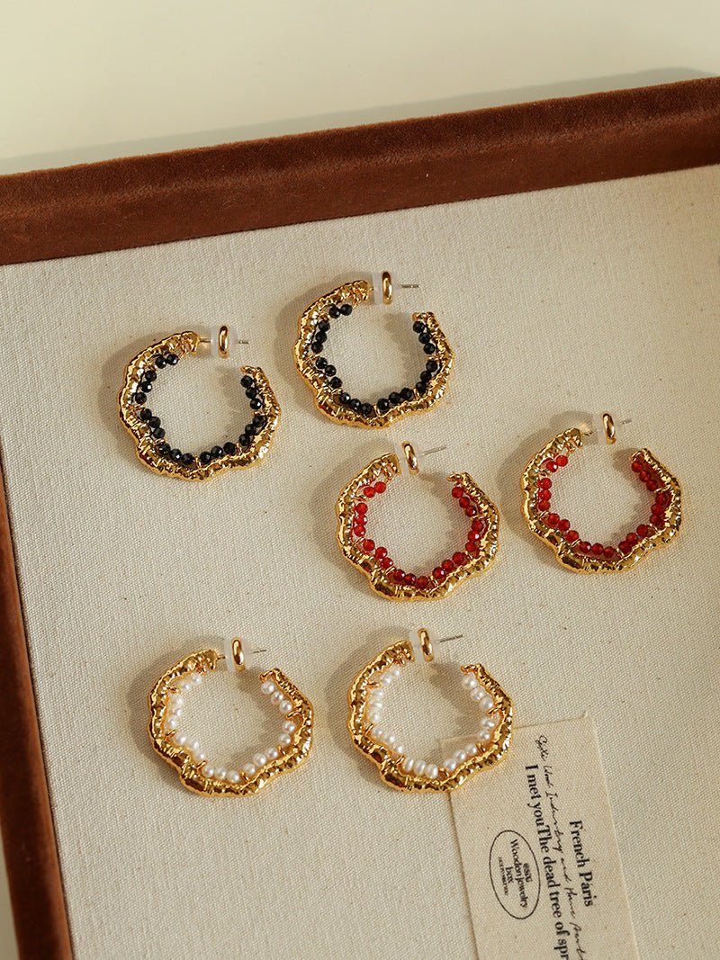 Textured Molten Metal C - Shaped Hoop Earrings with Freshwater Pearl Gemstones - floysun