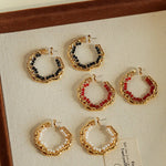 Textured Molten Metal C - Shaped Hoop Earrings with Freshwater Pearl Gemstones - floysun