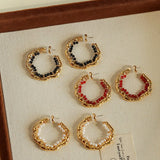 Textured Molten Metal C - Shaped Hoop Earrings with Freshwater Pearl Gemstones - floysun