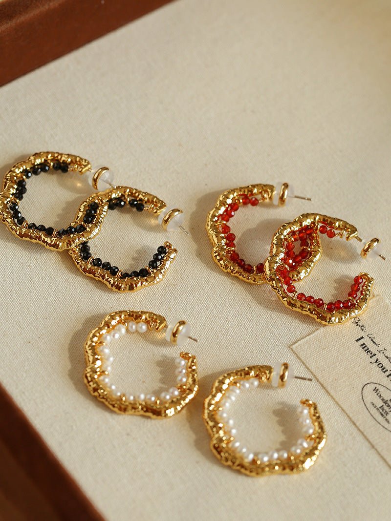 Textured Molten Metal C - Shaped Hoop Earrings with Freshwater Pearl Gemstones - floysun