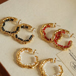 Textured Molten Metal C - Shaped Hoop Earrings with Freshwater Pearl Gemstones - floysun