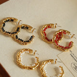 Textured Molten Metal C - Shaped Hoop Earrings with Freshwater Pearl Gemstones - floysun