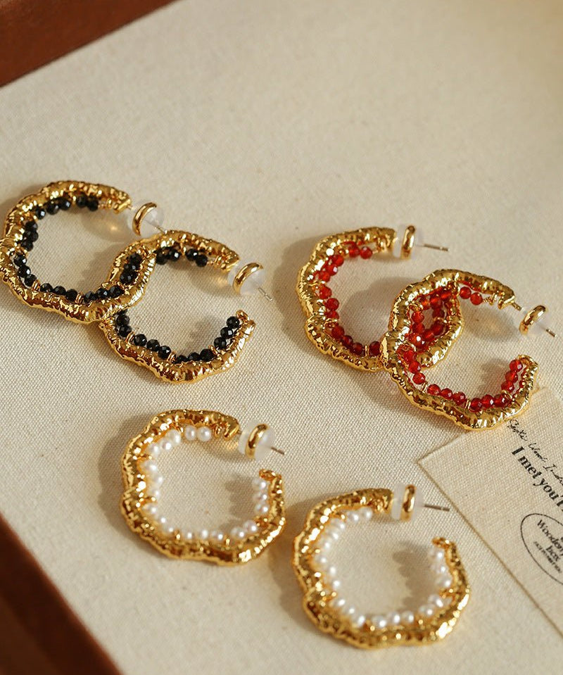 Textured Molten Metal C - Shaped Hoop Earrings with Freshwater Pearl Gemstones - floysun