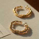 Textured Molten Metal C - Shaped Hoop Earrings with Freshwater Pearl Gemstones - floysun