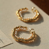Textured Molten Metal C - Shaped Hoop Earrings with Freshwater Pearl Gemstones - floysun
