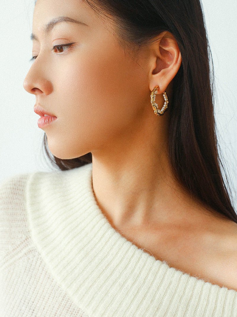 Textured Molten Metal C - Shaped Hoop Earrings with Freshwater Pearl Gemstones - floysun