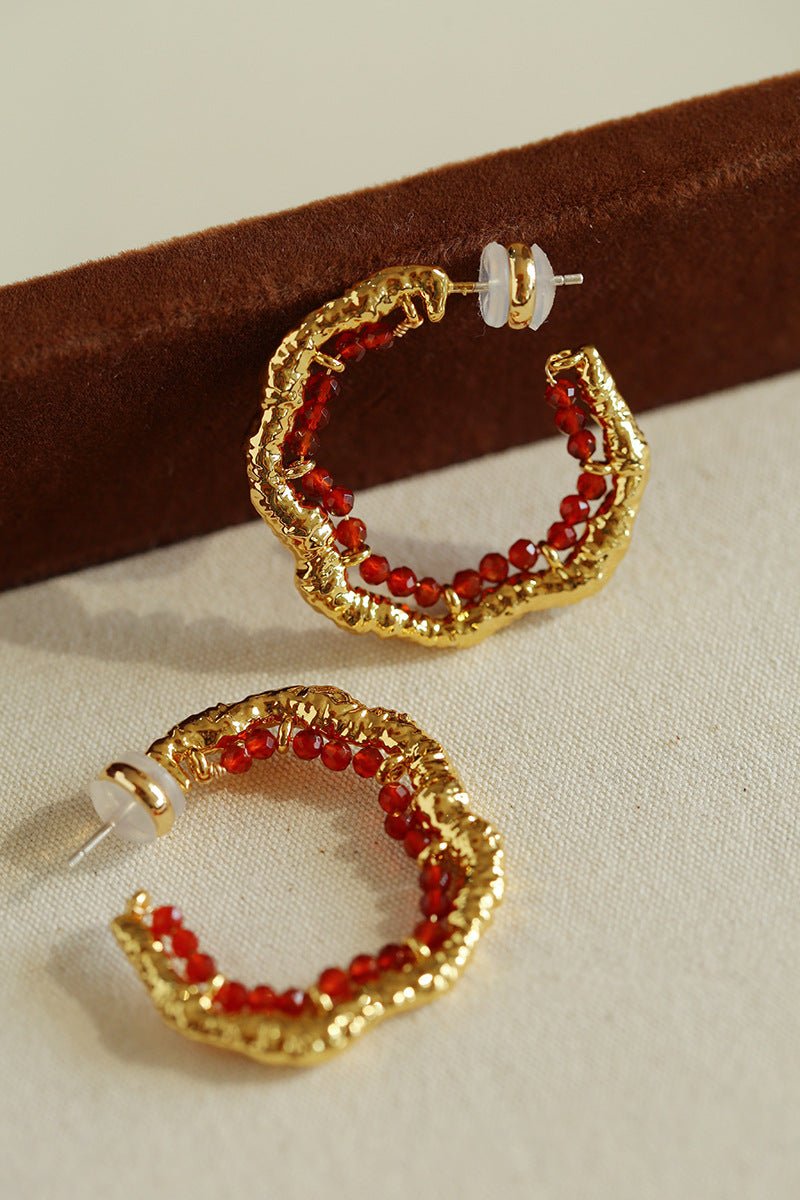 Textured Molten Metal C - Shaped Hoop Earrings with Freshwater Pearl Gemstones - floysun