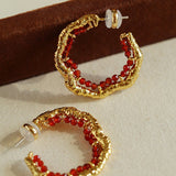 Textured Molten Metal C - Shaped Hoop Earrings with Freshwater Pearl Gemstones - floysun