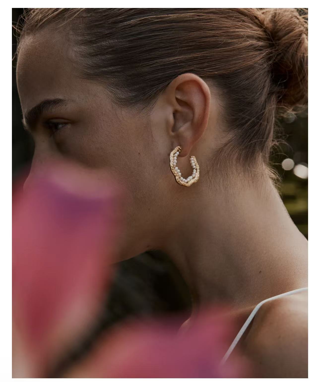 Textured Molten Metal C - Shaped Hoop Earrings with Freshwater Pearl Gemstones - floysun