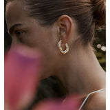 Textured Molten Metal C - Shaped Hoop Earrings with Freshwater Pearl Gemstones - floysun