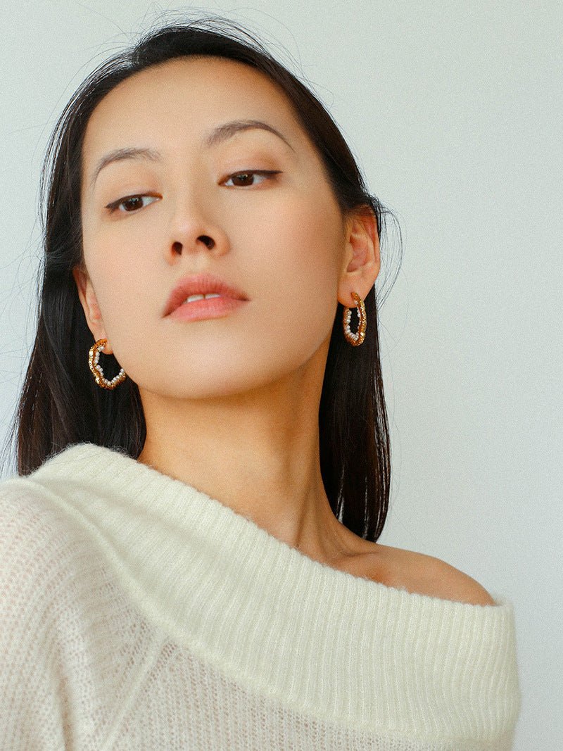 Textured Molten Metal C - Shaped Hoop Earrings with Freshwater Pearl Gemstones - floysun