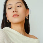 Textured Molten Metal C - Shaped Hoop Earrings with Freshwater Pearl Gemstones - floysun