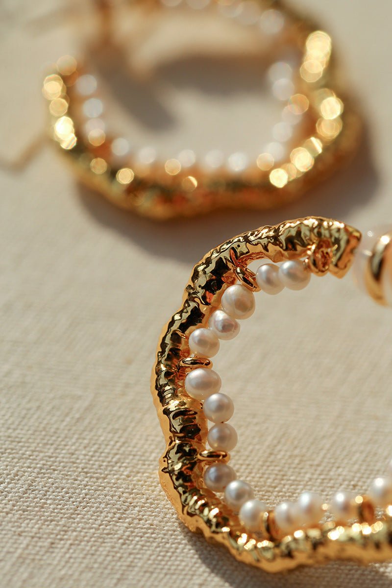 Textured Molten Metal C - Shaped Hoop Earrings with Freshwater Pearl Gemstones - floysun