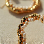 Textured Molten Metal C - Shaped Hoop Earrings with Freshwater Pearl Gemstones - floysun