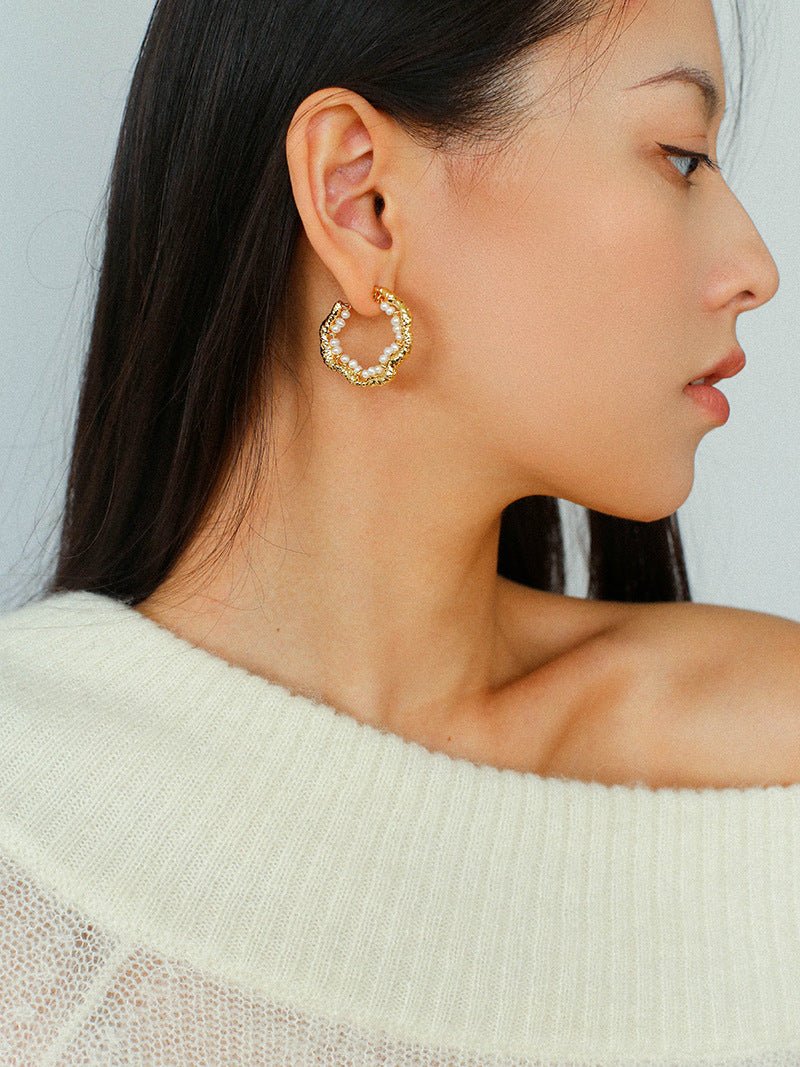 Textured Molten Metal C - Shaped Hoop Earrings with Freshwater Pearl Gemstones - floysun