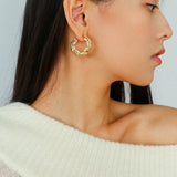 Textured Molten Metal C - Shaped Hoop Earrings with Freshwater Pearl Gemstones - floysun