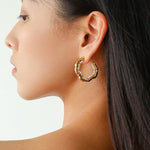 Textured Molten Metal C - Shaped Hoop Earrings with Freshwater Pearl Gemstones - floysun